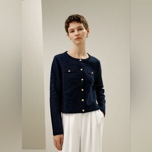 Lilysilk Navy Merino Wool Gold Button Cardigan L